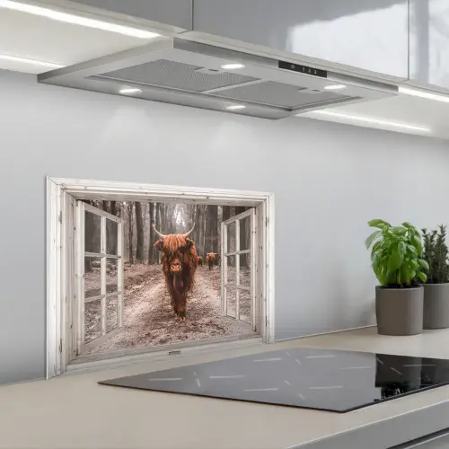 Doorkijk - Schotse Hooglander - Raam keuken achterwand spatscherm klein -3d_schuin