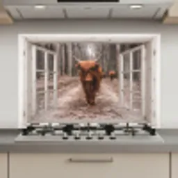 Doorkijk - Schotse Hooglander - Raam keuken achterwand spatscherm klein -3d_website