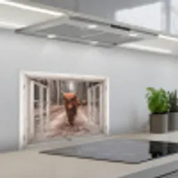 Doorkijk - Schotse Hooglander - Raam keuken achterwand spatscherm klein -3d_schuin
