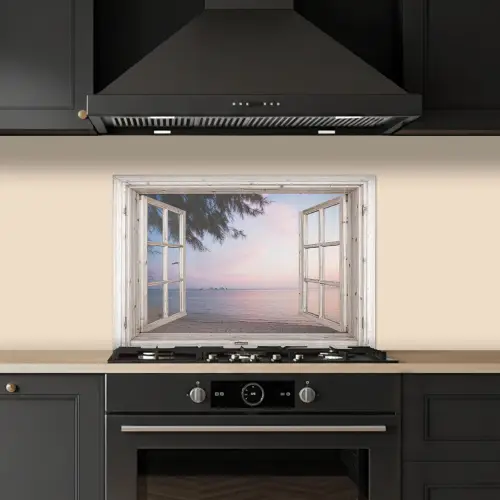 Doorkijk - Strand - Palmboom keuken achterwand spatscherm klein -sfeer1