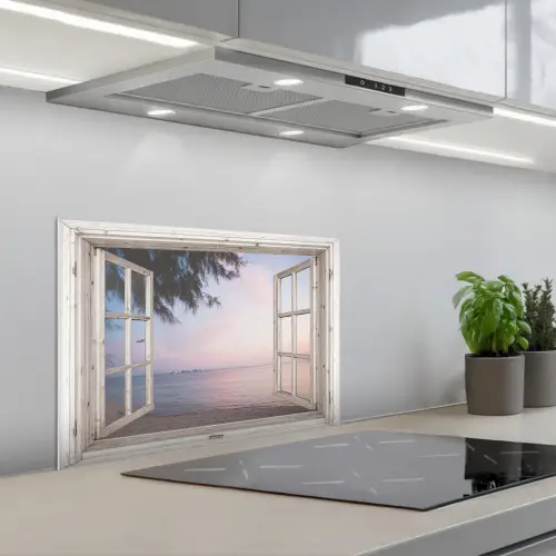 Doorkijk - Strand - Palmboom keuken achterwand spatscherm klein -3d_schuin
