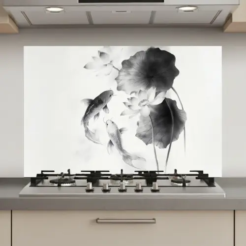 Lotusbloemen - Vissen - Bladeren - Zwart keuken achterwand spatscherm klein -3d_website
