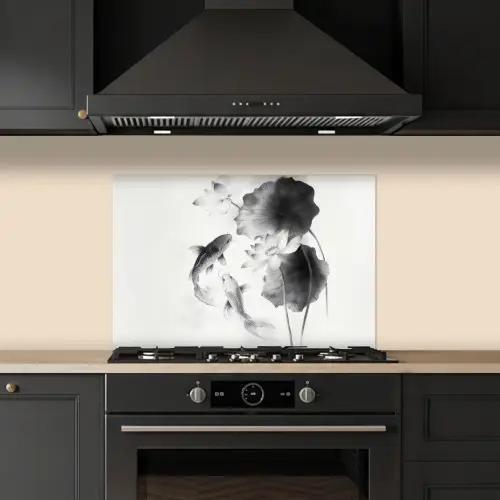 Lotusbloemen - Vissen - Bladeren - Zwart keuken achterwand spatscherm klein -sfeer1