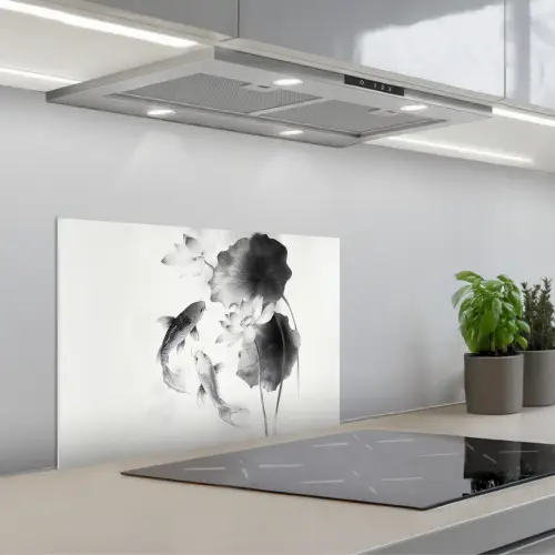 Lotusbloemen - Vissen - Bladeren - Zwart keuken achterwand spatscherm klein -3d_schuin
