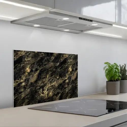 Marmer - Zwart - Goud keuken achterwand spatscherm klein 900 -3d_schuin