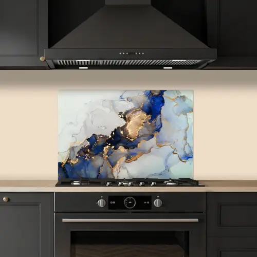 Marmer - Blauw - Goud keuken achterwand spatscherm klein -sfeer1