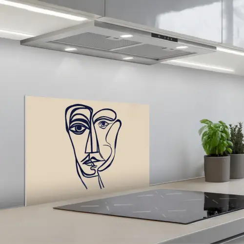 Minimalistisch - Lijnillustratie - Beige - Donkerblauw keuken achterwand spatscherm klein -3d_schuin