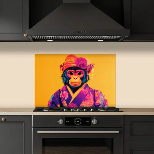 Aap - Kimono - Bloemen - Hoofdtooi keuken achterwand spatscherm klein -sfeer1