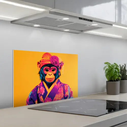 Aap - Kimono - Bloemen - Hoofdtooi keuken achterwand spatscherm klein -3d_schuin
