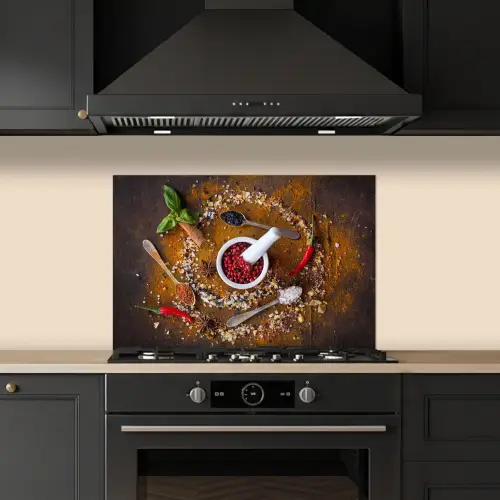 Vijzel - Kruiden - Lepels - Specerijen - Bruin - Peper keuken achterwand spatscherm klein -sfeer1