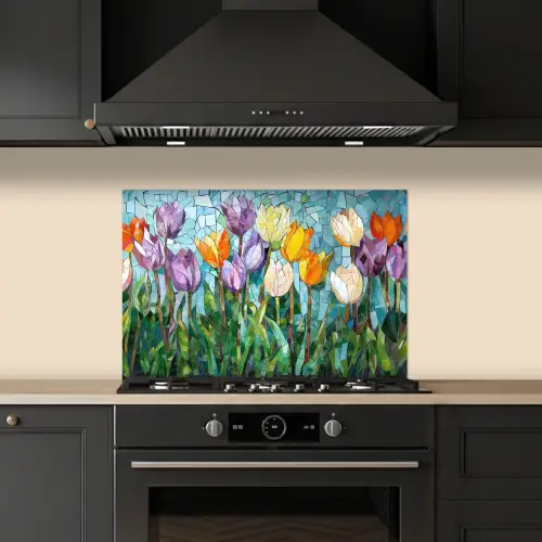 Mozaïek - Veld - Tulpen - Kleurrijk keuken achterwand spatscherm klein -sfeer1