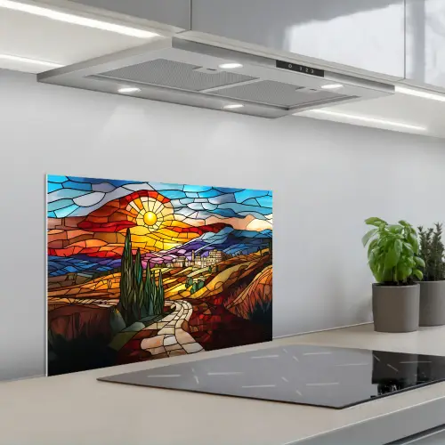 Mozaïek - Zon - Landschap - Dorp keuken achterwand spatscherm klein -3d_schuin