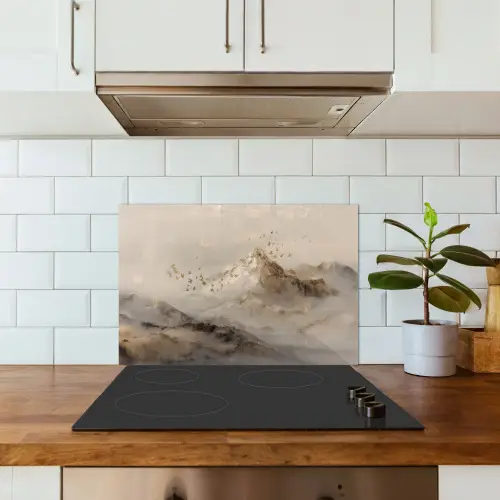 Berglandschap - Mist - Penseelstreken keuken achterwand spatscherm klein -sfeer2