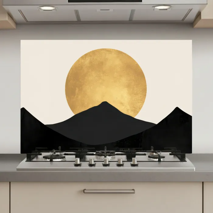 Bergsilhouetten - Gouden cirkel - Beige keuken achterwand spatscherm klein -3d_website