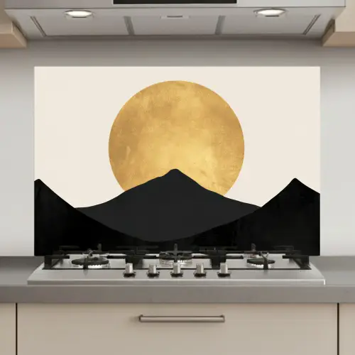 Bergsilhouetten - Gouden cirkel - Beige keuken achterwand spatscherm klein -3d_website