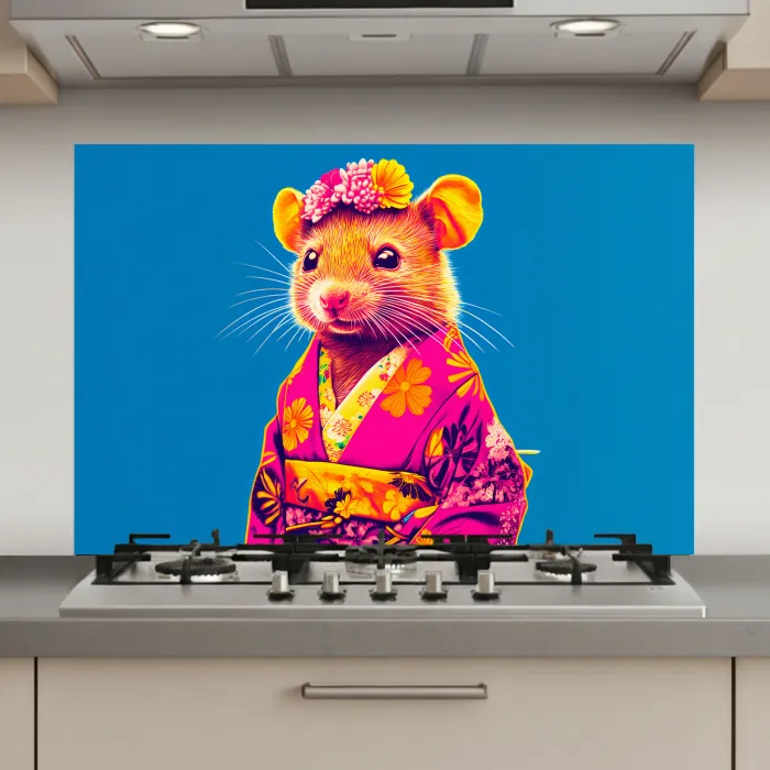 Muis - Kimono - Bloemen - Blauw keuken achterwand spatscherm klein -3d_website