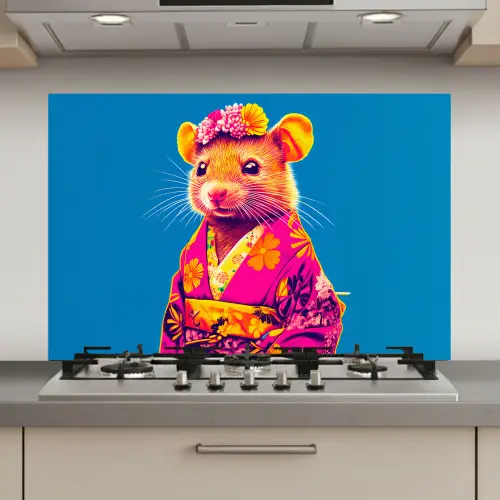 Muis - Kimono - Bloemen - Blauw keuken achterwand spatscherm klein -3d_website