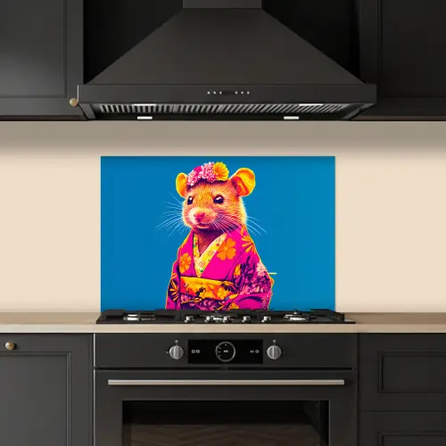 Muis - Kimono - Bloemen - Blauw keuken achterwand spatscherm klein -sfeer1