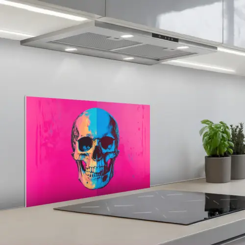 Neon - Blauw - Pop-art - Schedel keuken achterwand spatscherm klein -3d_schuin