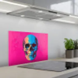 Neon - Blauw - Pop-art - Schedel keuken achterwand spatscherm klein -3d_schuin