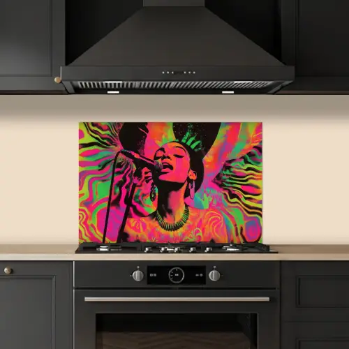 Neon - Vrouw - Microfoon keuken achterwand spatscherm klein -sfeer1