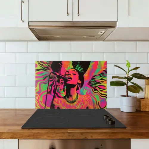 Neon - Vrouw - Microfoon keuken achterwand spatscherm klein -sfeer2