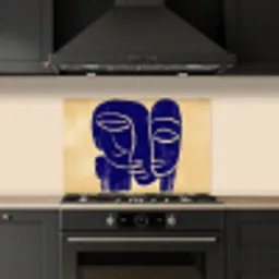 Okergeel - Blauw - Eenvoudige lijnen keuken achterwand spatscherm klein -sfeer1