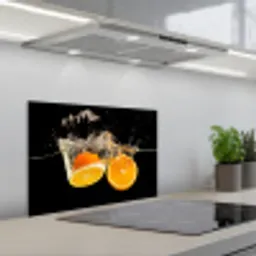 Sinaasappel - Stilleven - Water - Zwart - Fruit keuken achterwand spatscherm klein -3d_schuin