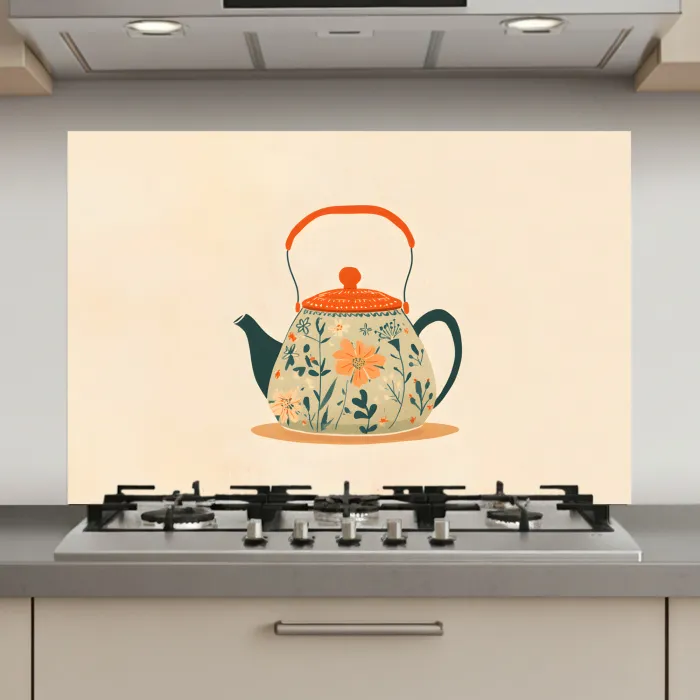 Oranje - Theepot - Bloemen - Bladeren keuken achterwand spatscherm klein -3d_website
