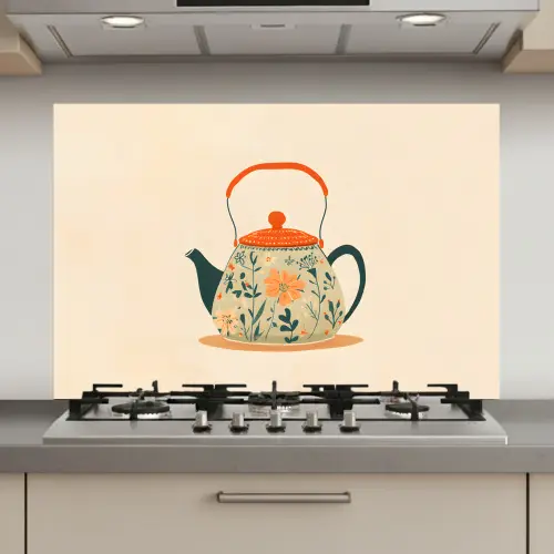 Oranje - Theepot - Bloemen - Bladeren keuken achterwand spatscherm klein -3d_website