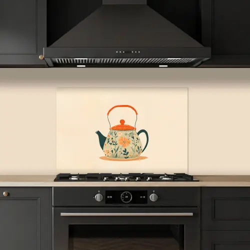 Oranje - Theepot - Bloemen - Bladeren keuken achterwand spatscherm klein -sfeer1