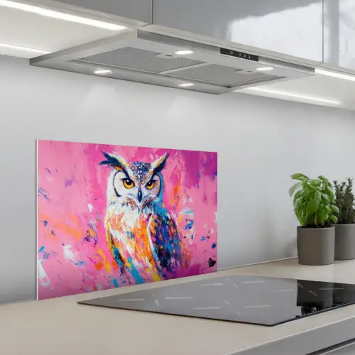 Uil - Roze - Blauw - Verf - Abstract keuken achterwand spatscherm klein -3d_schuin