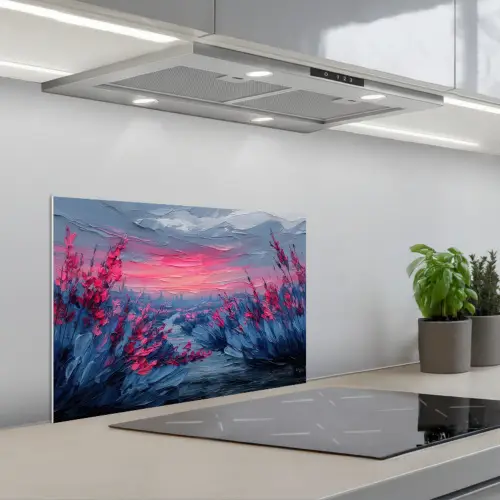 Schilderij - Zonsondergang - Bloemen - Rivier keuken achterwand spatscherm klein -3d_schuin