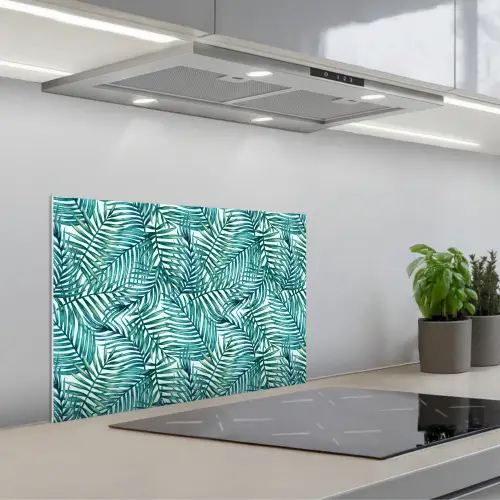 Palmbladeren - Sierlijk - Blauw - Groen keuken achterwand spatscherm klein 900 -3d_schuin
