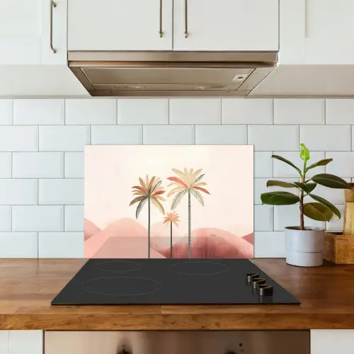 Palmbomen - Heuvels - Minimalistisch - Zachtroze keuken achterwand spatscherm klein -sfeer2
