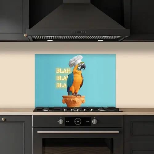 Papegaai - Koksmuts - Quote - Neon keuken achterwand spatscherm klein -sfeer1
