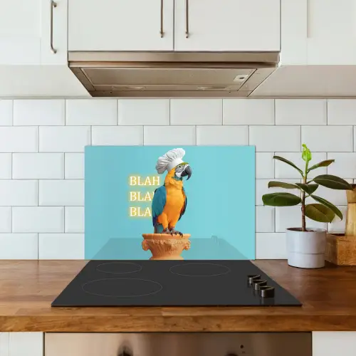 Papegaai - Koksmuts - Quote - Neon keuken achterwand spatscherm klein -sfeer2