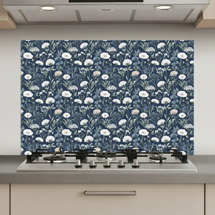 Patroon - Bloemen - Wit - Blauw keuken achterwand spatscherm klein 900 -3d_website