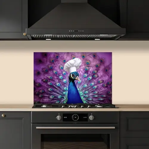 Pauw - Koksmuts - Cool - Paars keuken achterwand spatscherm klein -sfeer1