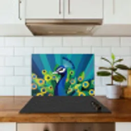 Pauw - Cirkels - Blauw keuken achterwand spatscherm klein -sfeer2