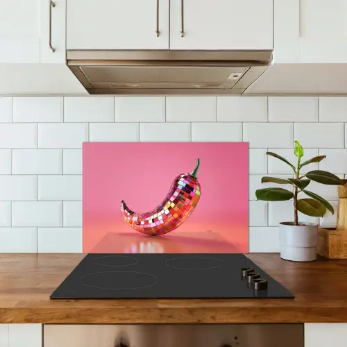 Peper - Disco - Rood - Glitter keuken achterwand spatscherm klein -sfeer2