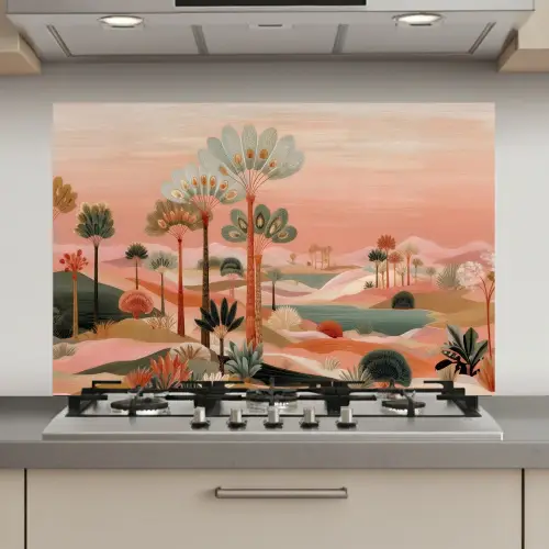 Roze landschap - Palmen - Water keuken achterwand spatscherm klein -3d_website