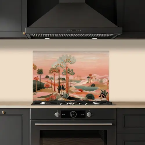 Roze landschap - Palmen - Water keuken achterwand spatscherm klein -sfeer1