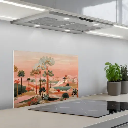 Roze landschap - Palmen - Water keuken achterwand spatscherm klein -3d_schuin