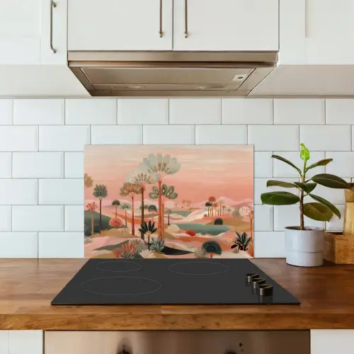 Roze landschap - Palmen - Water keuken achterwand spatscherm klein -sfeer2