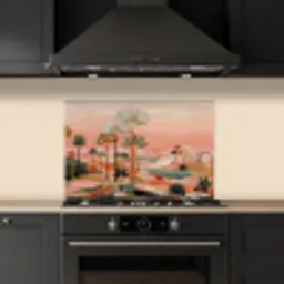 Roze landschap - Palmen - Water keuken achterwand spatscherm klein -sfeer1