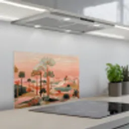 Roze landschap - Palmen - Water keuken achterwand spatscherm klein -3d_schuin
