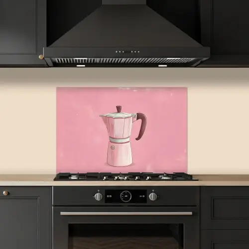Roze - Mokkapot - Illustratie - Koffie keuken achterwand spatscherm klein -sfeer1