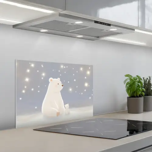 Ijsbeer - Sneeuw - Sterren - Blauw keuken achterwand spatscherm klein -3d_schuin