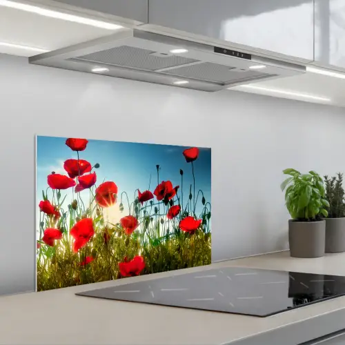 Klaprozen - Toscane - Zon - Rood - Blauw keuken achterwand spatscherm klein -3d_schuin